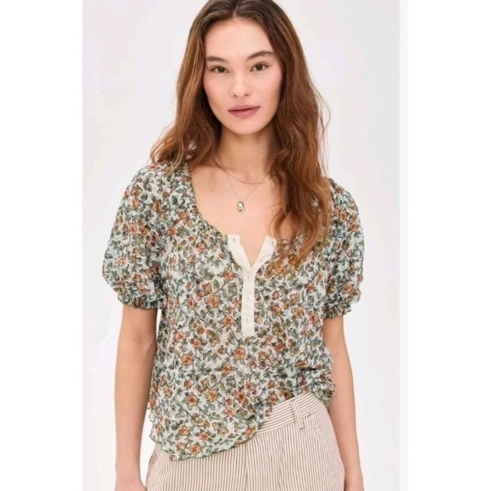 Free People Astra‎ Peasant Top Size Small Floral Mesh Sheer Cottagecore Festival
